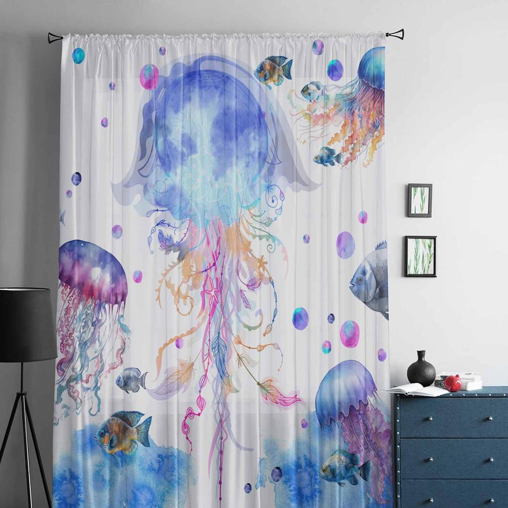 Qualle Aquarell Unterwasser Marine Sommer Tüll Fenster Vorhänge für Schlafzimmer Luxus Heim Vorhänge im Wohnzimmer Chiffon Paneele