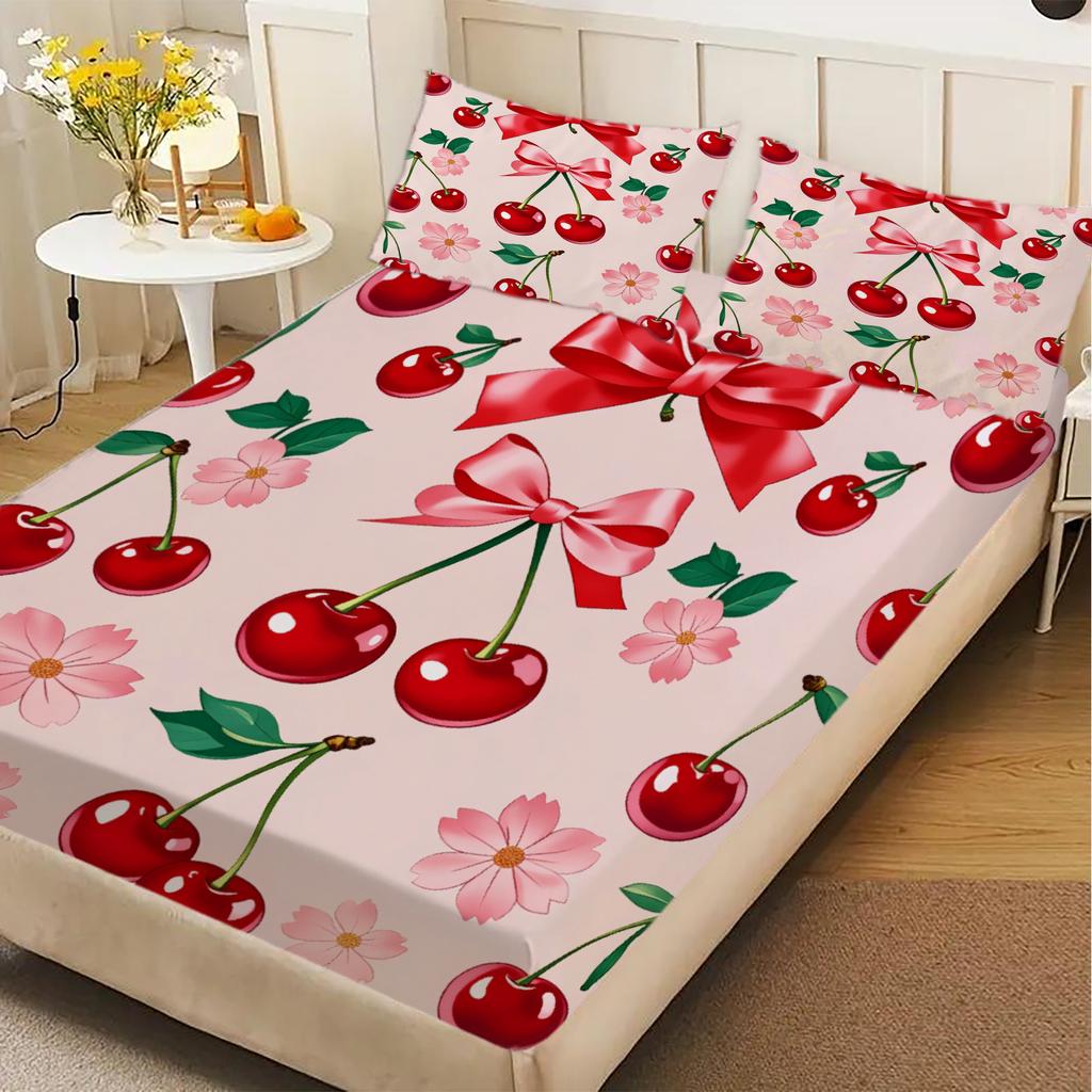 White Pink Flat Sheet 3D Printed Cartoon Fruit Floral 3pcs Fitted Sheets Sets Gifts For Students Girls Dormitory Room Decoration