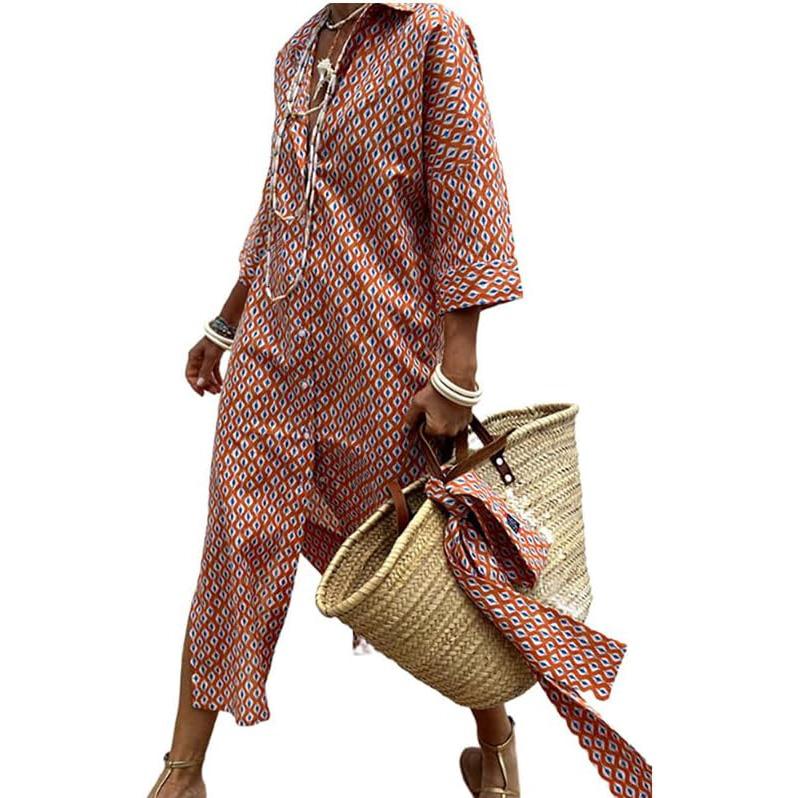 Women's Summer Shirt Dress Lapel Button Striped Waistband Long Dress Casual Side Slit Maxi Dress