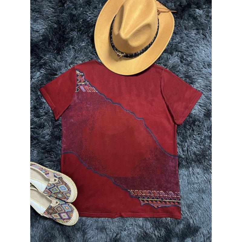 Damen Western-Stil Retro-Print Kurzarm-T-Shirt — Lässiges V-Ausschnitt-Oberteil