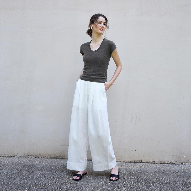Spring and summer new round neck linen knitted slim-fitting short-sleeved women's high-end basic women's top t Lyocell T-shirt