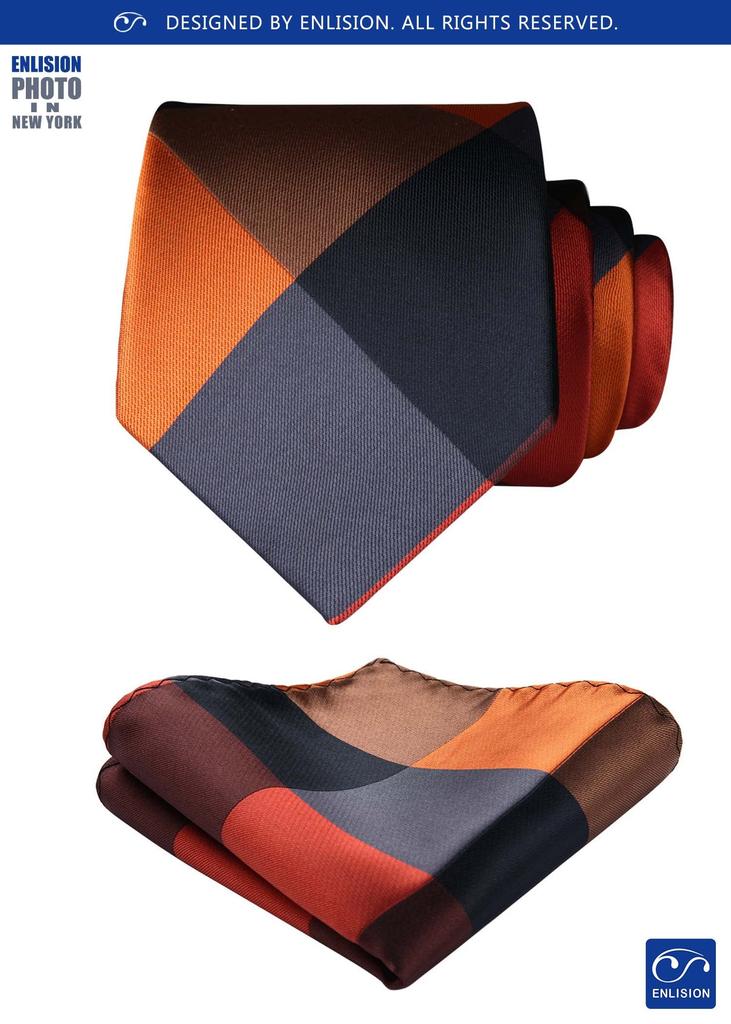 [Enlision] Orange Tie and Check Pocket Square Set - Men's Stylish Check Pattern Business, Sales, Wedding EC-02