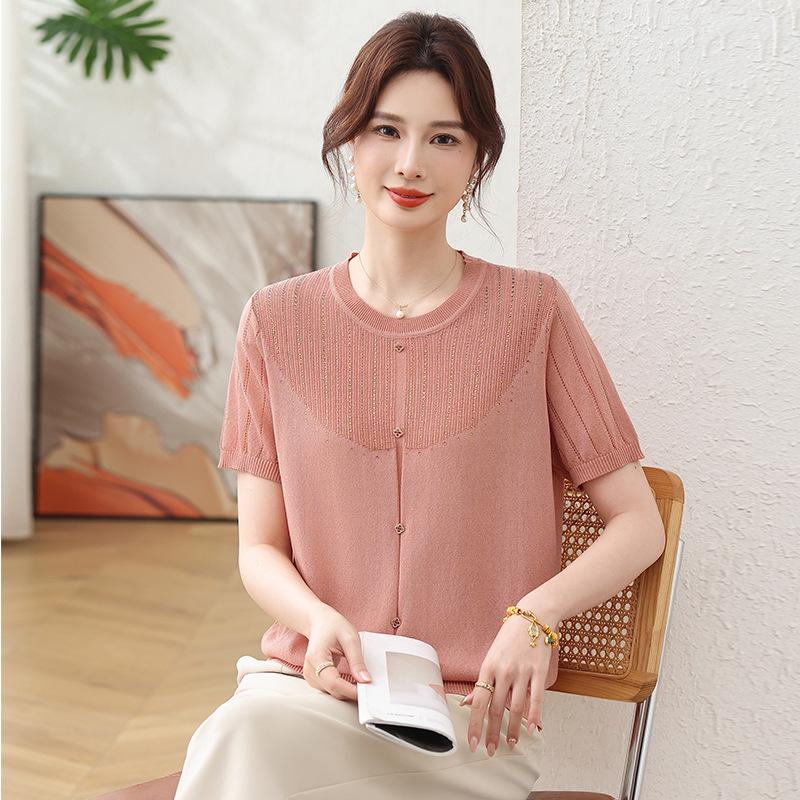 Stylish 2026 Ice Silk Summer T-shirt for Mothers - Short-Sleeved Knitted Top for Middle-Aged & Elderly Women.
