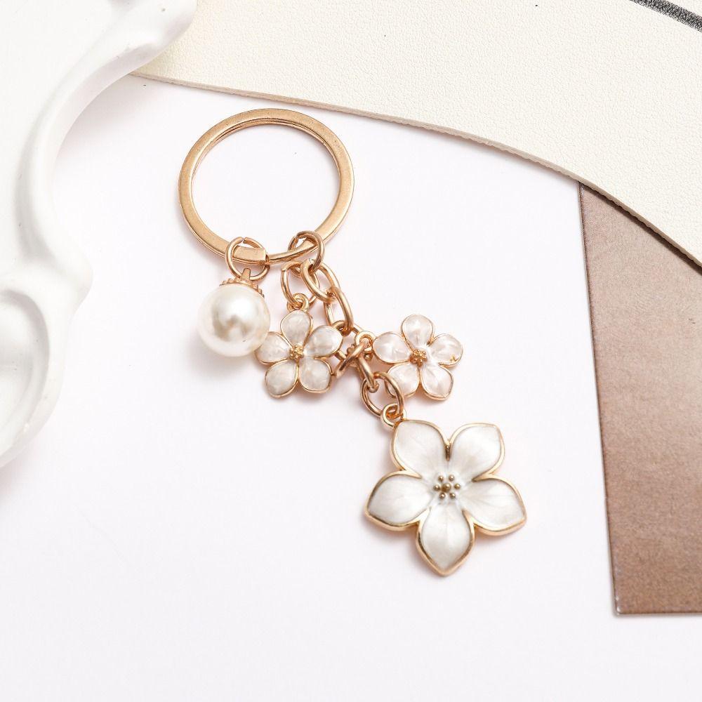 Alloy Cherry Blossom Keychain Enamel Coating Pearl Drop Keyring Lovely Flower Key Holder  Daily Use