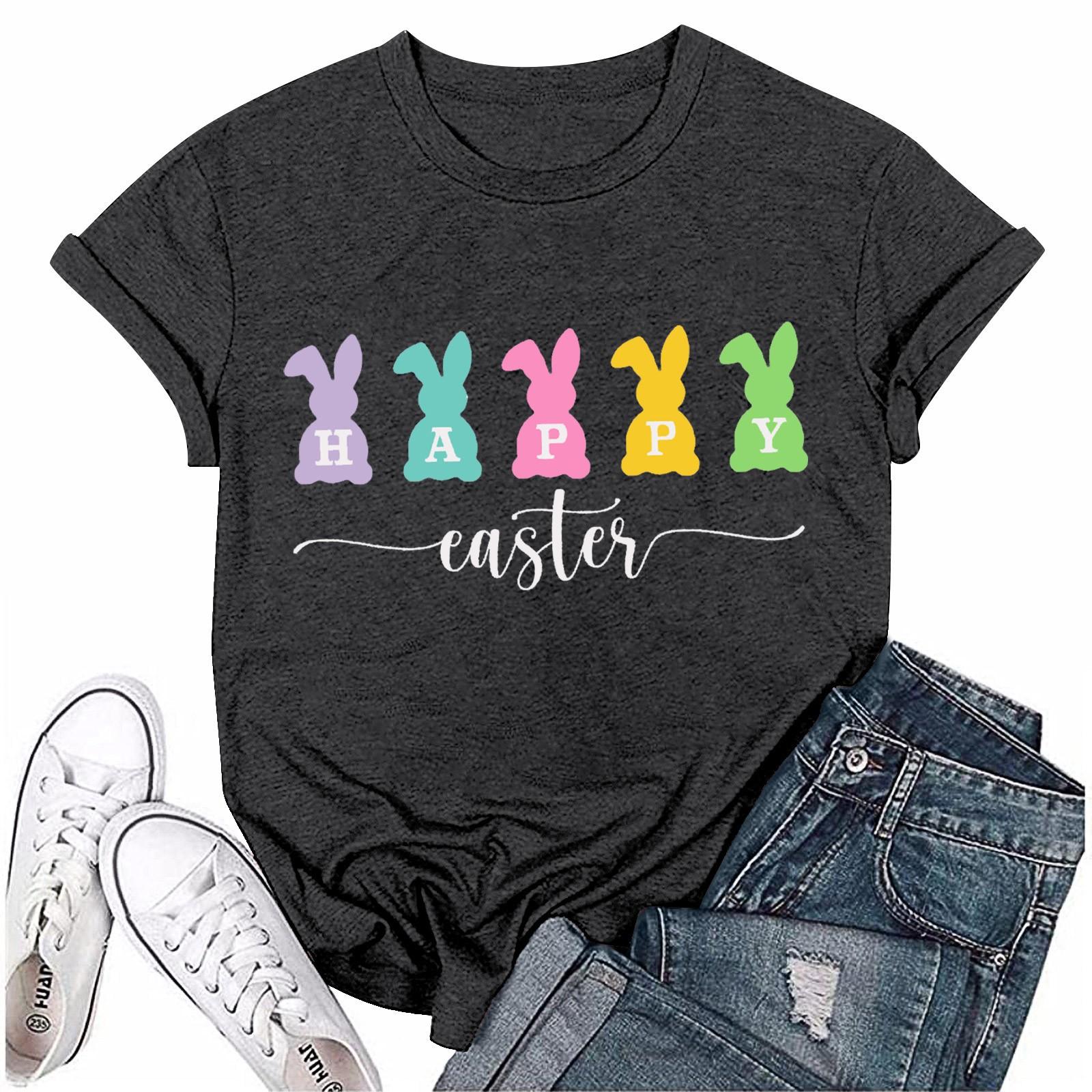 

Жіноча Мода Великодній Принт Повсякденна Плісирована Футболка Топ з Круглим Коротким Рукавом M чорний