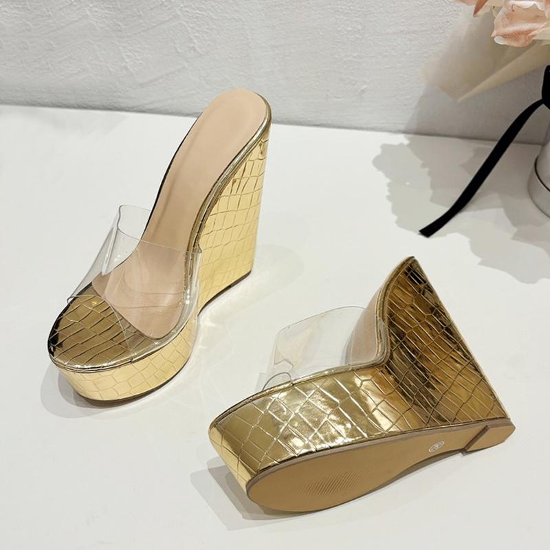 Liyke PVC Transparent Shoes For Women Platform Wedges Slippers Wide Band Round Head Open Toe Gold High Heels Summer Sandals
