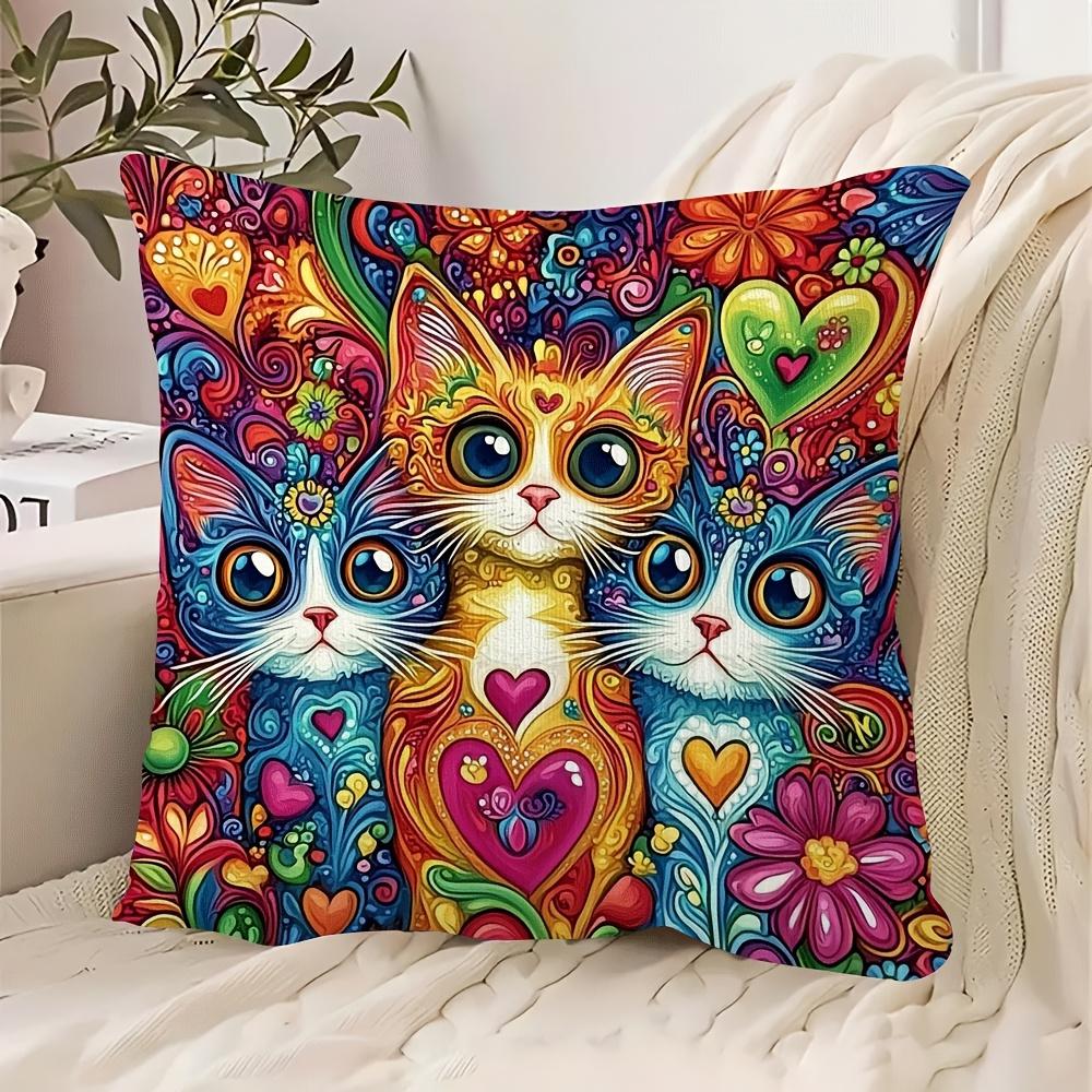 Colorful Abstract Cat Pillowcase Trippy Psychedelic Art Cushion Cover Rainbow Feline Decor for Living Room Bedroom Sofa 40cmx40cm