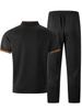 Men's Plaid Color-Block Casual Suit with Short Sleeve V-neck T-shirt and Long Pants
