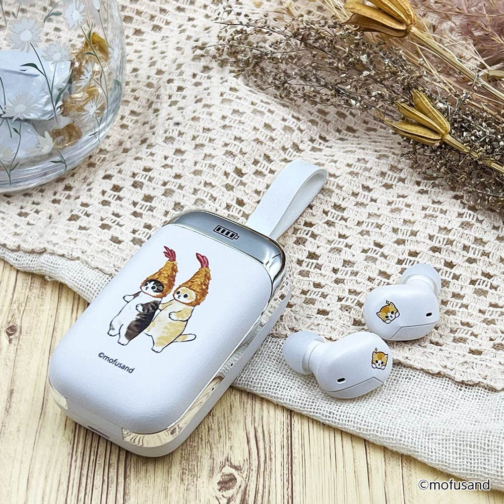 Mofusand True Wireless Earbuds with IPX4 Touch Sensor Bluetooth and Drivers for and Video Audio (Ebi-nyan Design) Antibacterial, Waterproof, Control,