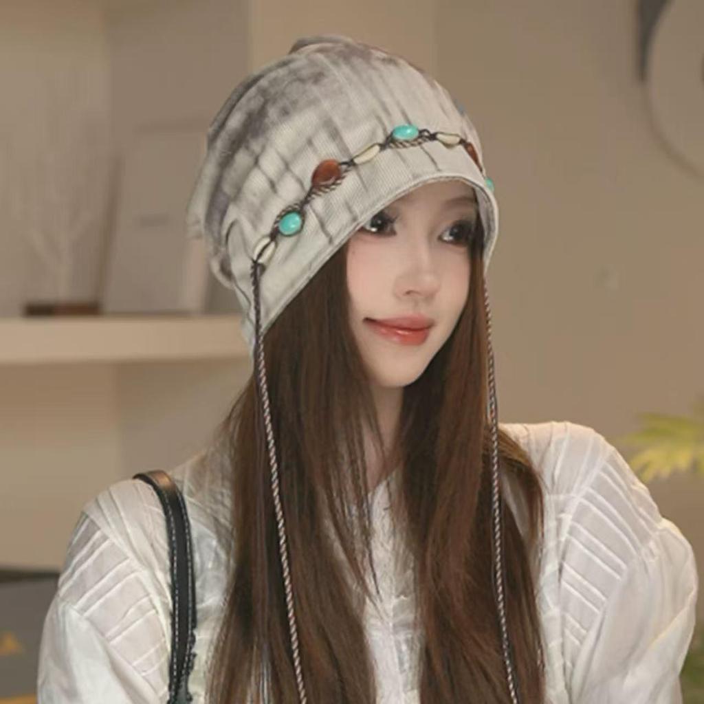 Korean-Style Tie-Dye Beaded Slouchy Beanie for Women - Ethnic Retro Tassel Skull Cap, Early Autumn Wear