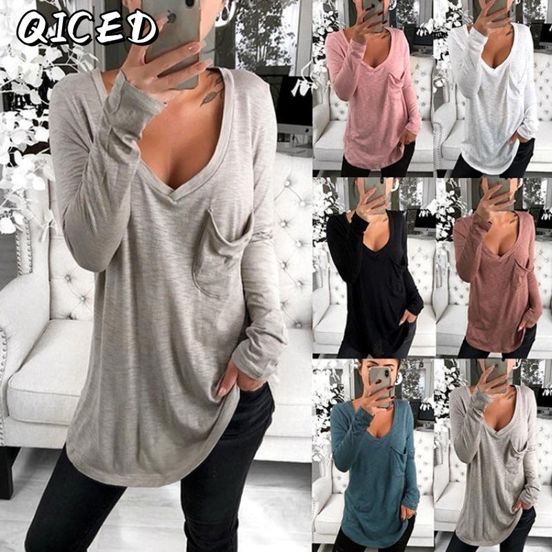 QICED Women's Fashion Casual Solid Color Print Long Sleeve V-Neck Blouses & Shirts