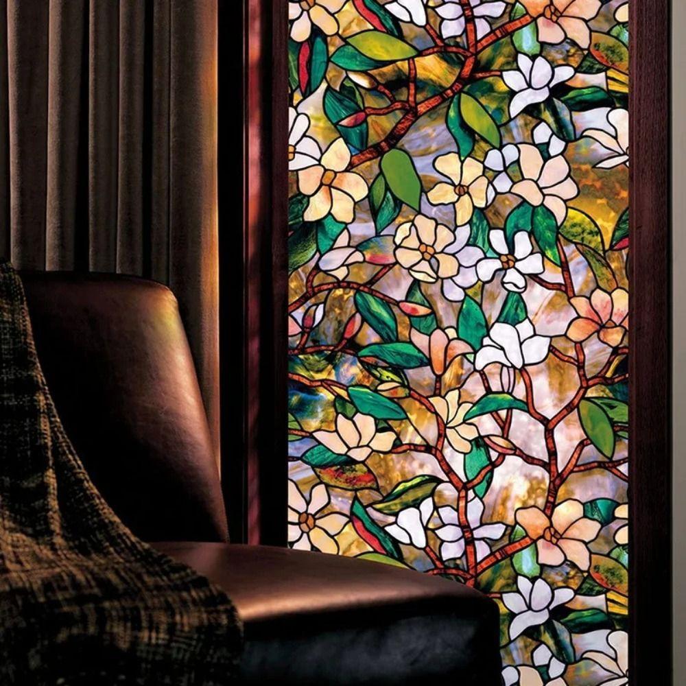 45CM Frosted Privacy Glass Stickers Magnolia Stained Glass Window Filmwindow Privacy Film  Bathroom