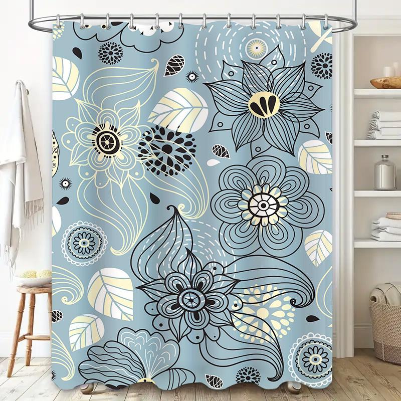 Blue Bathroom Shower Curtain With Floral Design Modern Home Decor For Bathtub Washable Fabric Various Sizes Available
