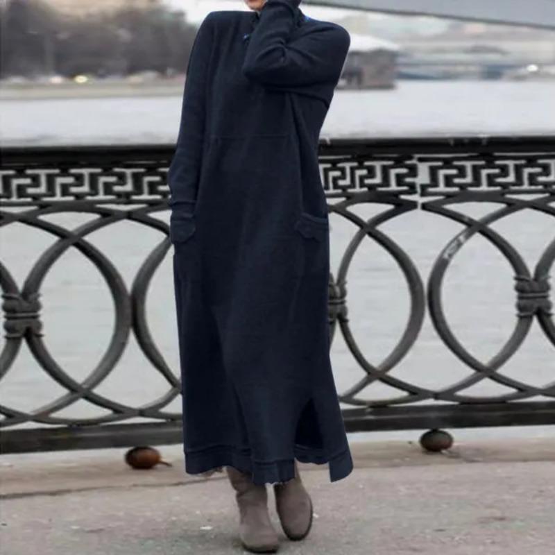 QICED Fashion Autumn Winter O-Neck Long Sleeve Solid Color Print Casual Dresses