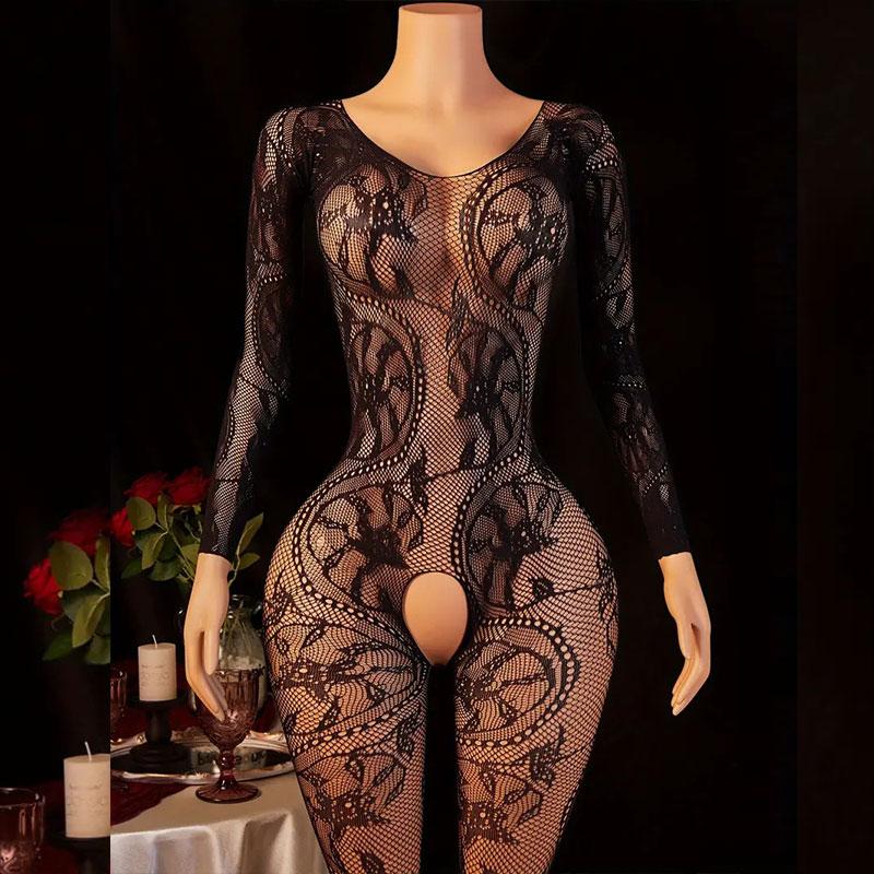 Adult Hollow Lingerie Set Women's Erotic Fishnet Bodystocking Crotchless Temptation Bodysuit Porn Breastless Hot Mesh Underwear