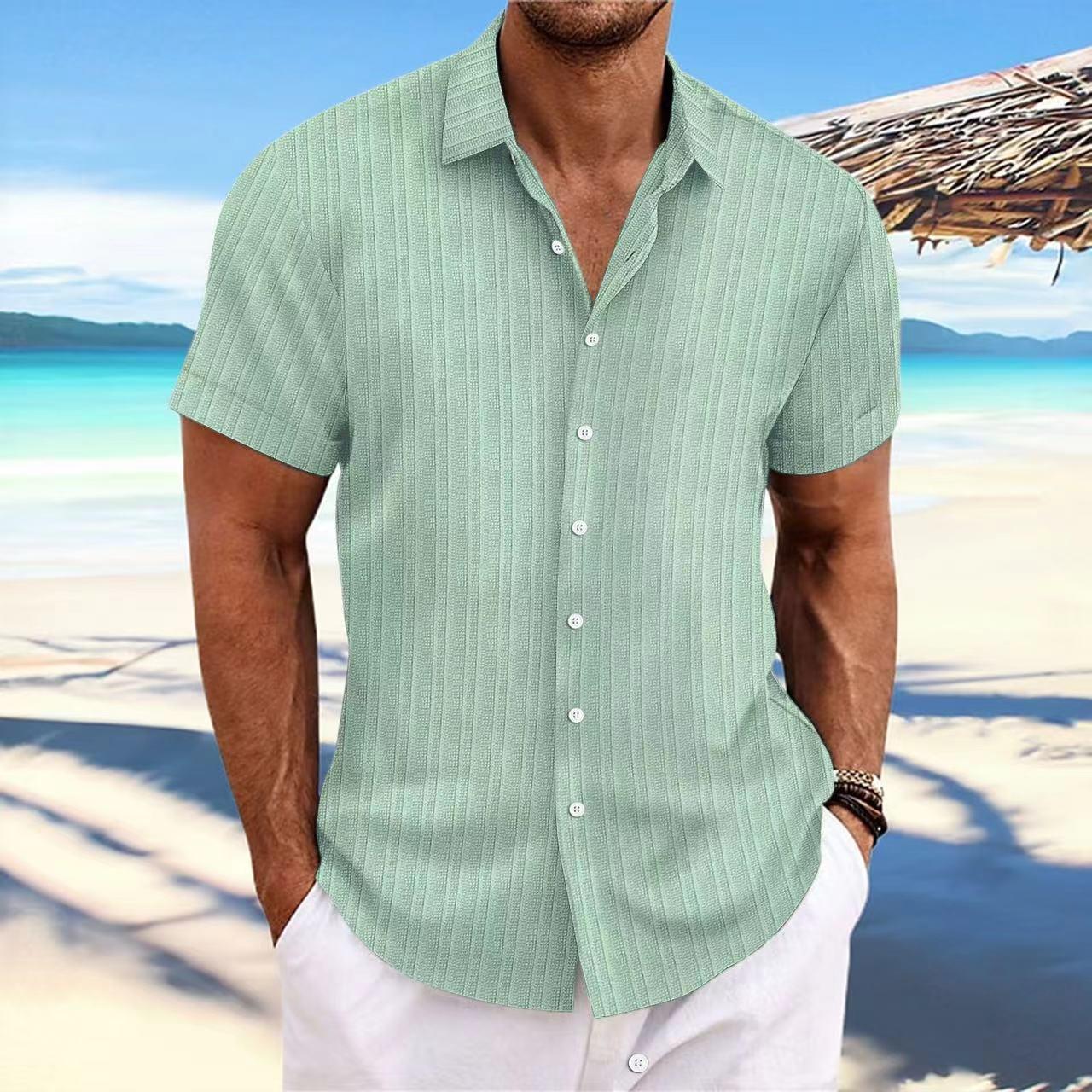 Herren Baumwolle Leinen Gestreiftes Jacquard Kurzarm Freizeit Hemd 5XL hellgrüne