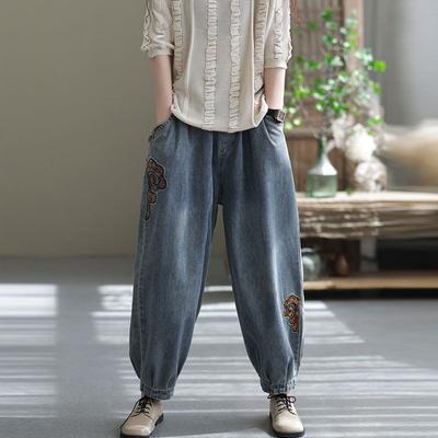 Jeans Feminino Plus Size Estilo Coreano Primavera Outono Cintura Alta Rasgado Casual Solto Jeans Bordado Floral Vintage Bolsos Calças Jeans