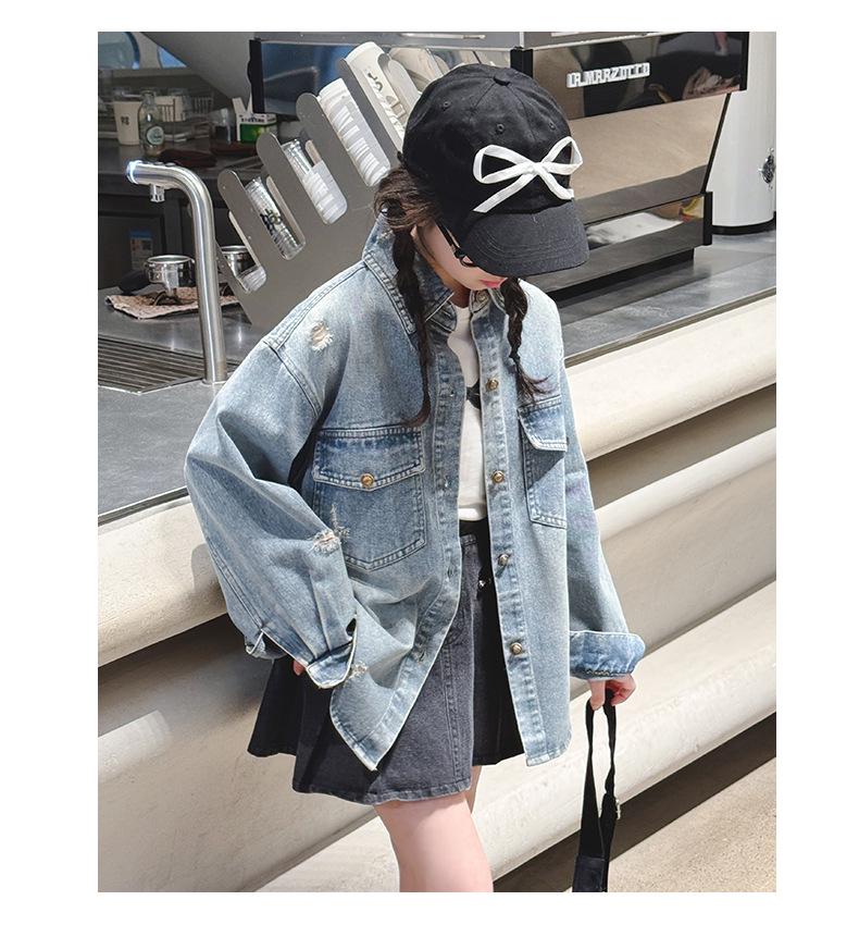Big Girls' Fashion-Forward Distressed Denim Shirt Jacket - Spring/Autumn 2025
