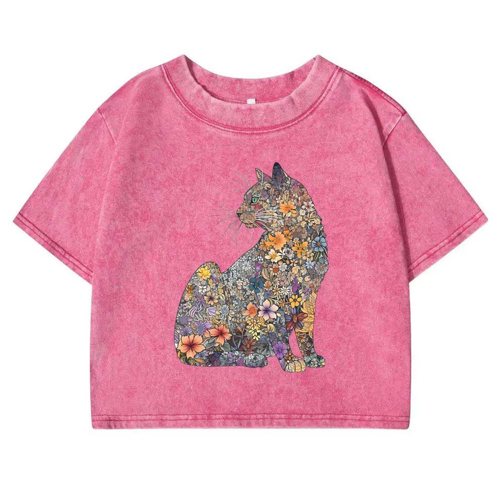 

Футболки с принтом цветов и кошек, выстиранные, женская модная укороченная футболка, уличные футболки, одежда, летняя хлопковая футболка с коротким рукавом XL