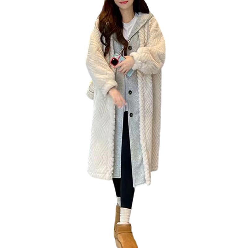 Damski płaszcz ze sztucznego futra jagnięcego i skóry - Jesień/Zima Długi styl