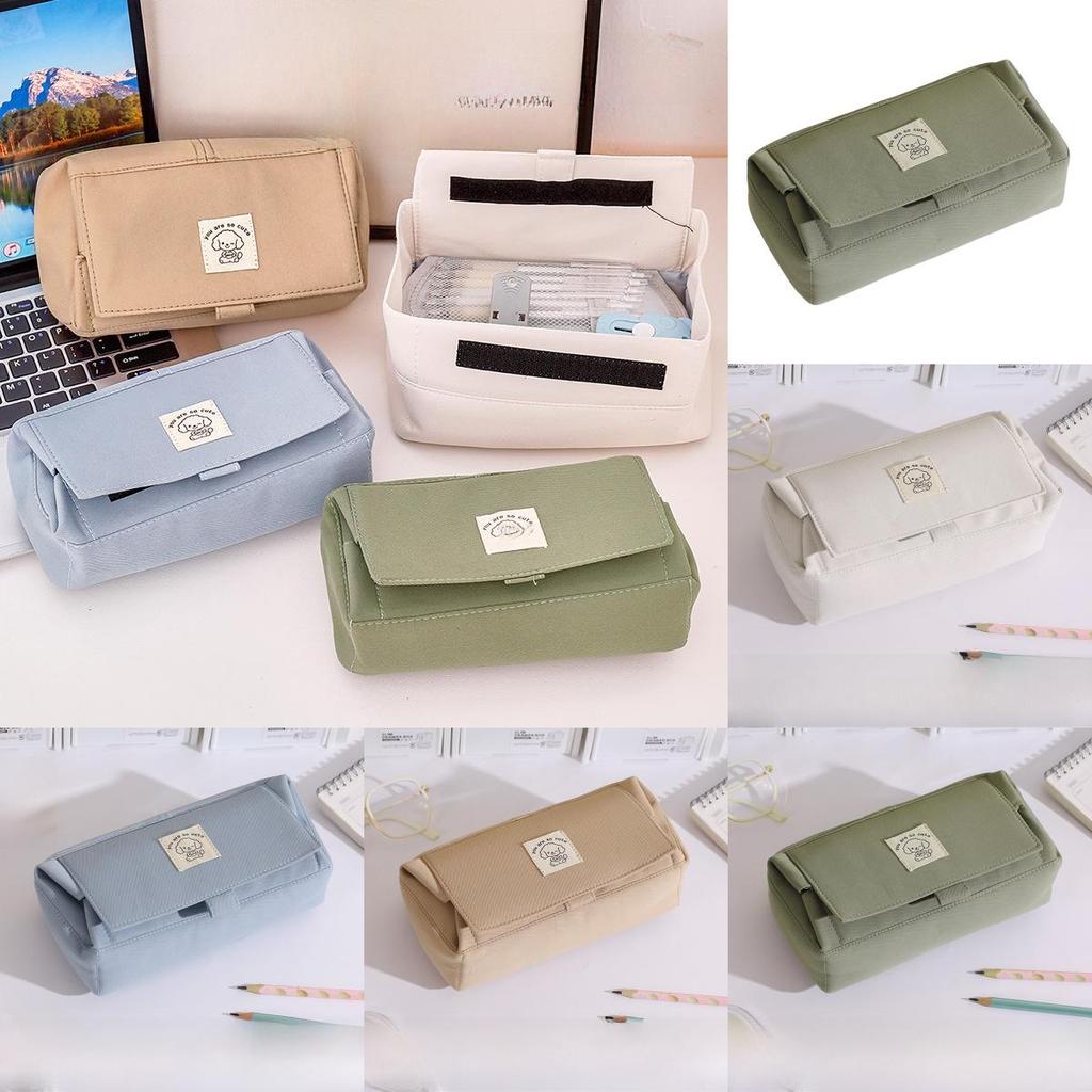 Canvas Double Layer Pencil Case With Large Capacity And Magic Tape For Students
