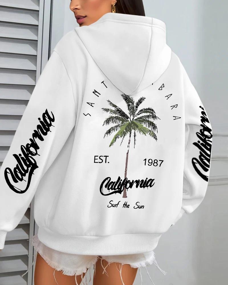 Women's Coconut Tree Print Casual Fleece Hoodie with Pockets