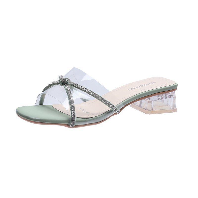 Summer new large size transparent crystal thick heel cool slippers women s versatile rhinestone medium heel one-word slippers women 41 зелёный 2790₽