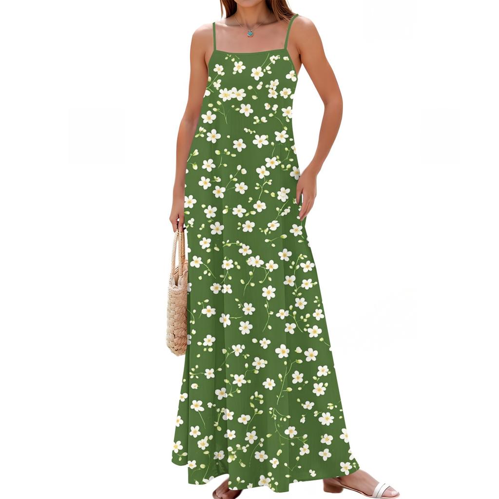 Women's Spring And Summer Casual Fashion Adjustable Suspender Printing Long Dress