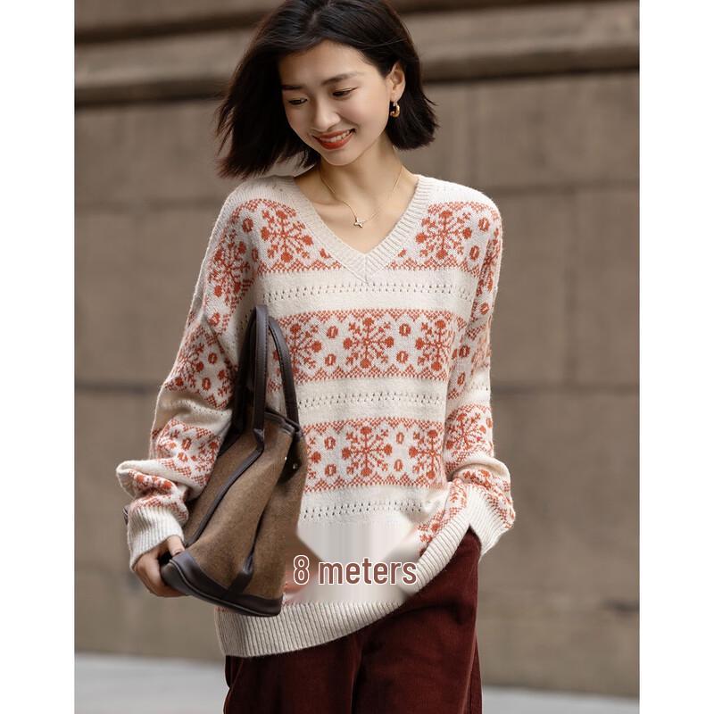 Demana Women's V-Neck Snowflake Jacquard Knit Sweater