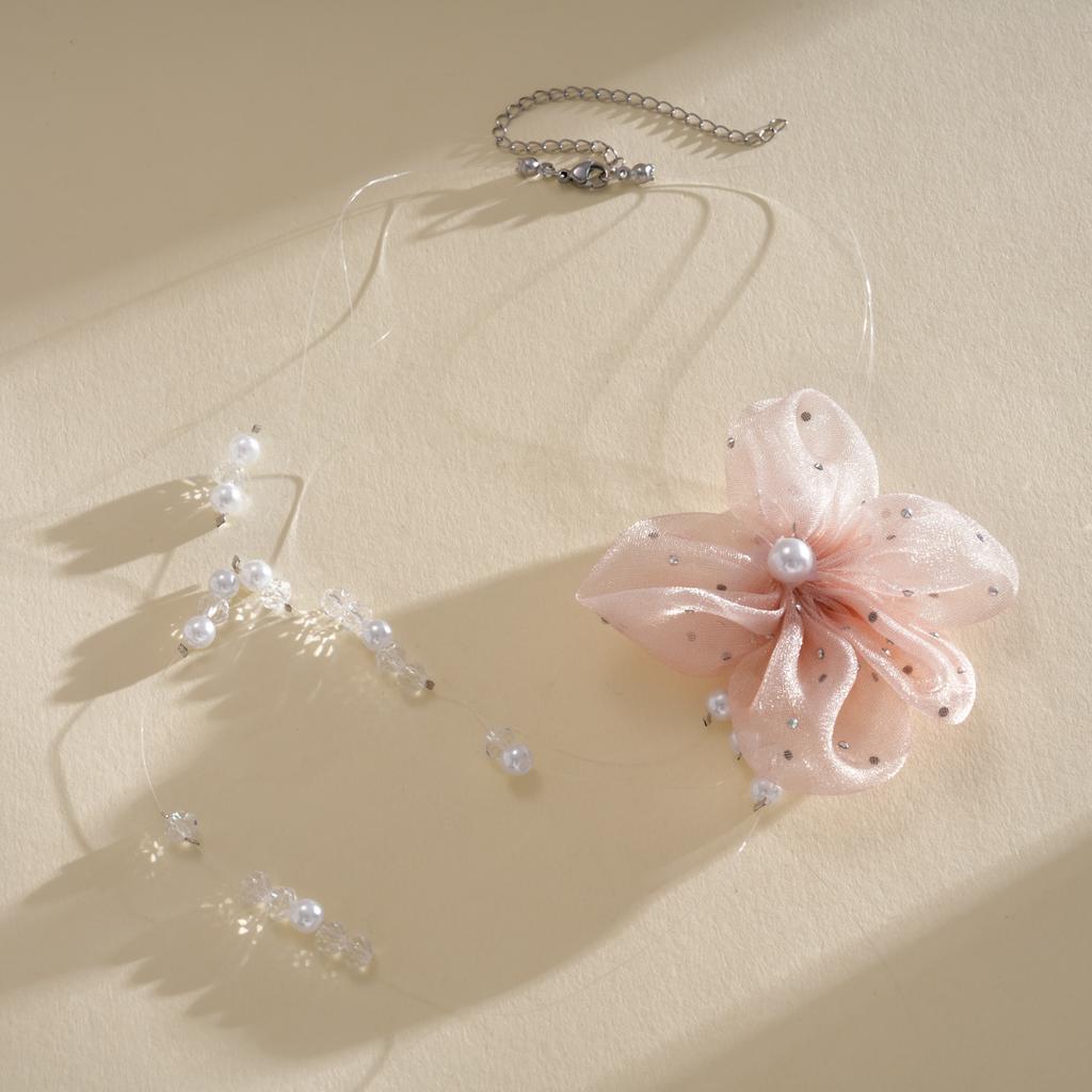 Delicate Sheer Floral Pendant Necklace with Pearl & Crystal Beads, Romantic Statement Jewelry for Weddings & Parties