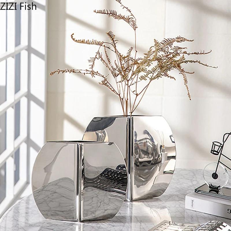 Silvery Geometry Vase Desk Decoration Flower Arrangement Artificial Flowers Decorative Floral Vases Room Aesthetic Decor