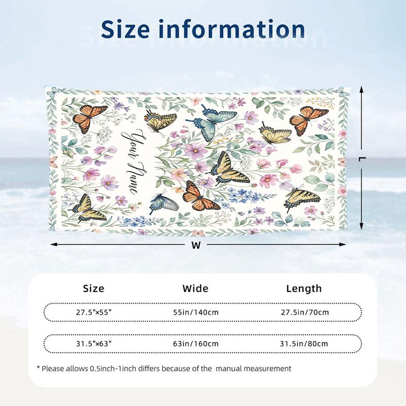 Butterflies Flowers Garden 5 Theme Quick Dry Beach Towel Custom Name Text Print Large Sand Resistant Towel Beach Vacation