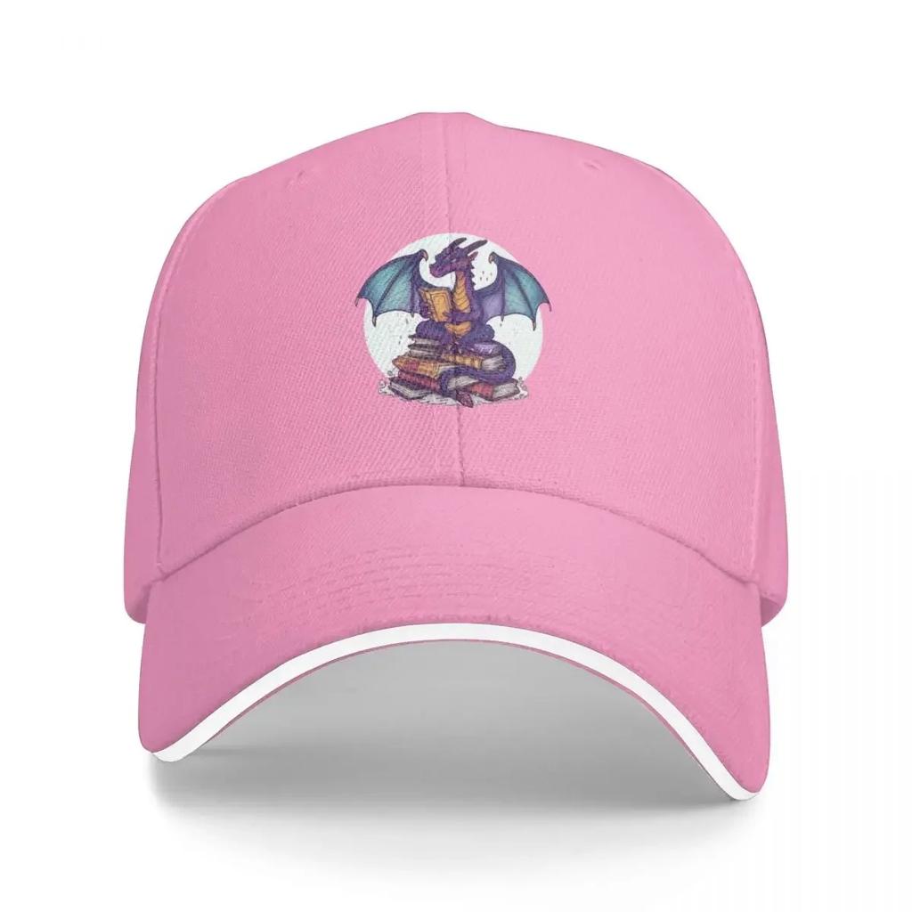 Library Tshirts Animated Dragon Reads Atop Book Stack Scholarly Whimsical Appearance Content and Focused Expres Baseball Cap