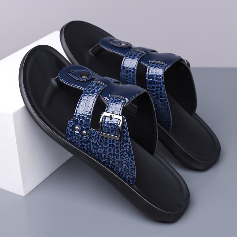 Men Black Leather Slippers Simple Flats Summer White Flip Flops Outdoor Sandals Blue Open Toe Beach Shoes Plus Size