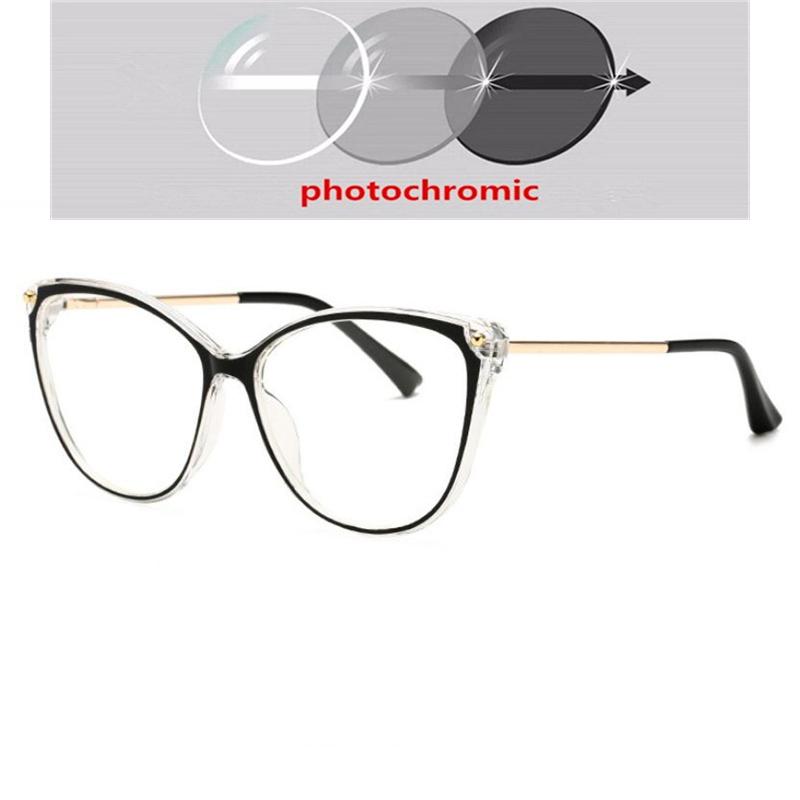 Big Frame Blue Light Blocking Cat Eye Glasses Women Photochromic Gray Prescription -6 To 0