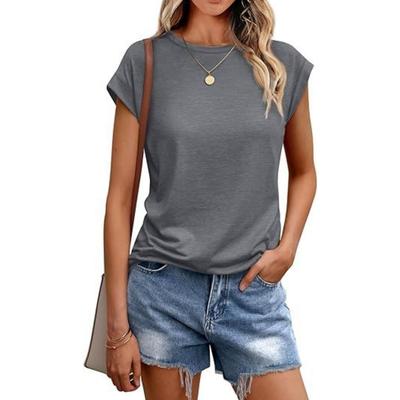 T-shirt basique décontracté pour femmes, col rond, couleur unie, hauts en coton, manches courtes, hauts de sport, été