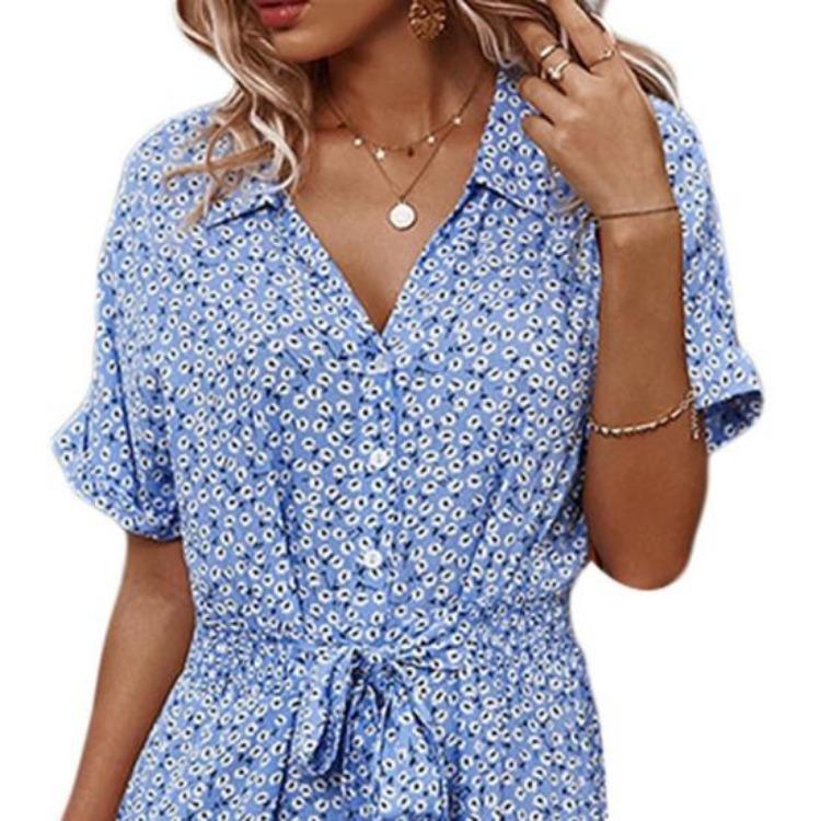 Women Summer Casual Floral Midi Dress Short Sleeve V Neck Button Down Belted Shirt Dress with Side Slit Hem