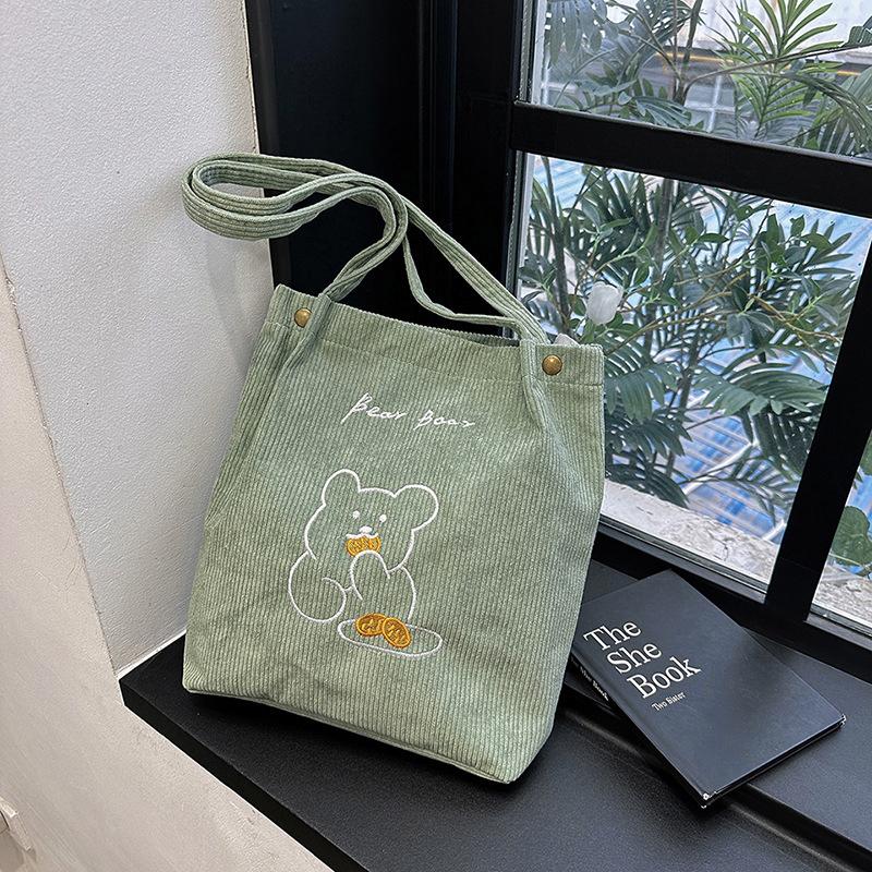 Women Corduroy Shoulder Bags Bear Pattern Ladies Casual Handbag Reusable Large Capacity Tote Bags Casual Female Shopping Bags