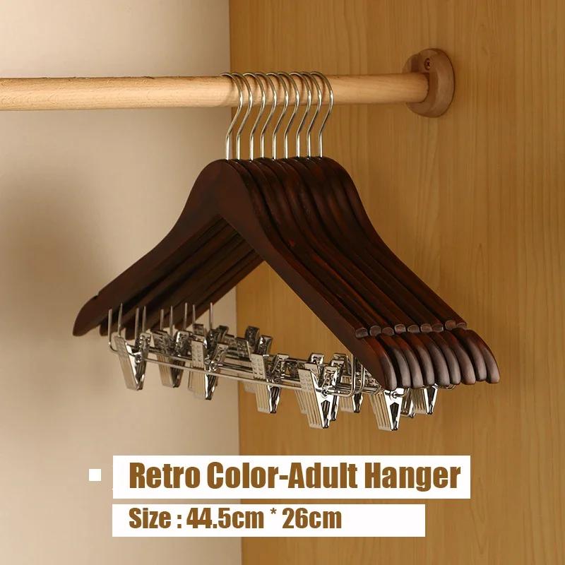 5pcs Wooden Hangers with Adjustable Clips,Solid Wood Pants Organizer for Blouse Dress Jacket,Natural Smooth Non-slip Skirts Rack