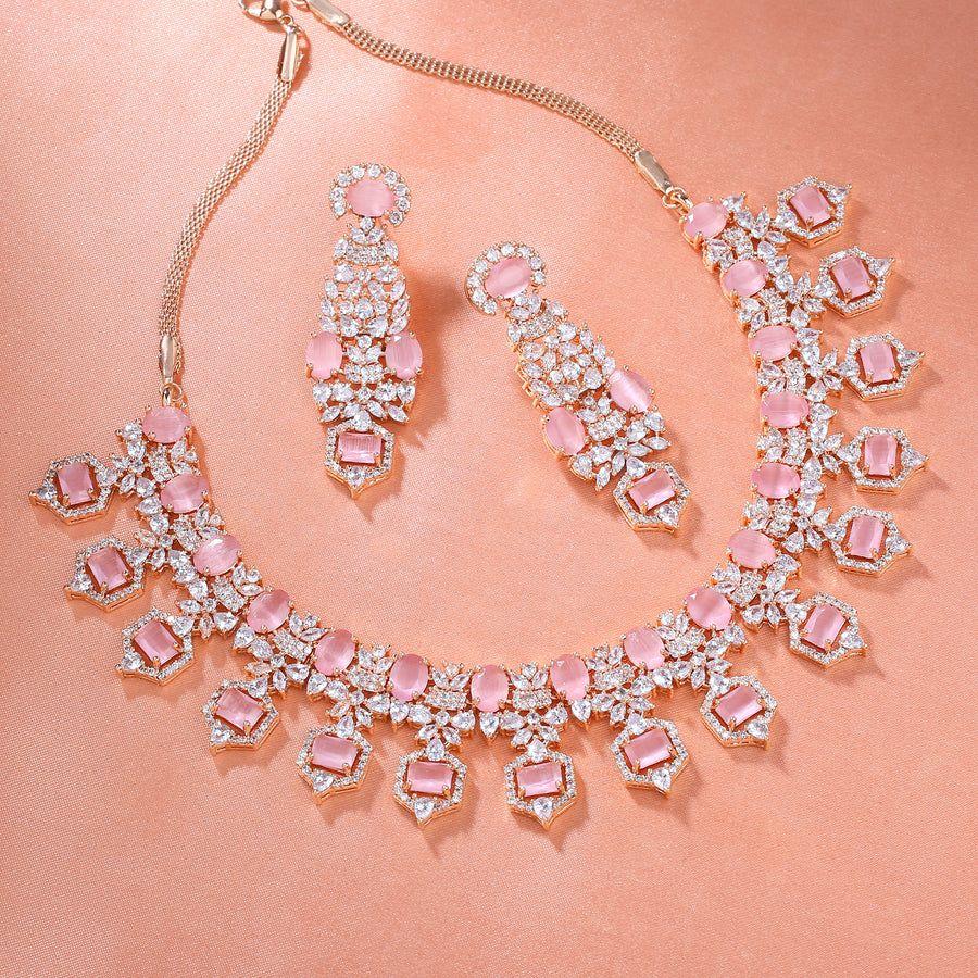 Uimitor Estele Placat cu Aur Rose CZ Mint Pink Stone Set Colier Pentru Femei