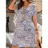 Women's Casual V Neck Short Sleeve A Line Print Dress Blue Leaf Pattern White Background Summer Dress 2024 New Fashion