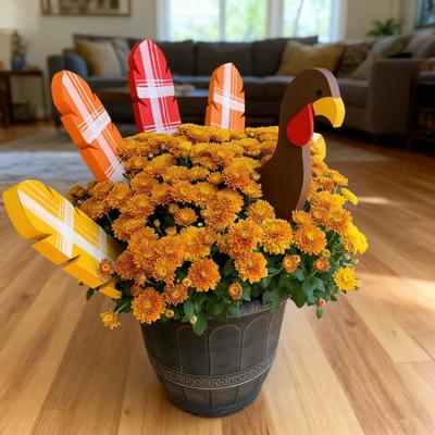 Thanksgiving Turkey Planter Stakes Hand-Painted Wooden Garden Decor for Pots Flower Beds Autumn Fall Harvest Decoration