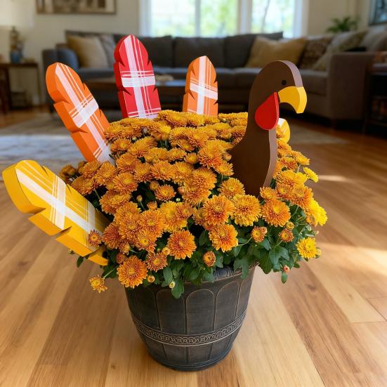 Thanksgiving Turkey Planter Stakes Hand-Painted Wooden Garden Decor for Pots Flower Beds Autumn Fall Harvest Decoration