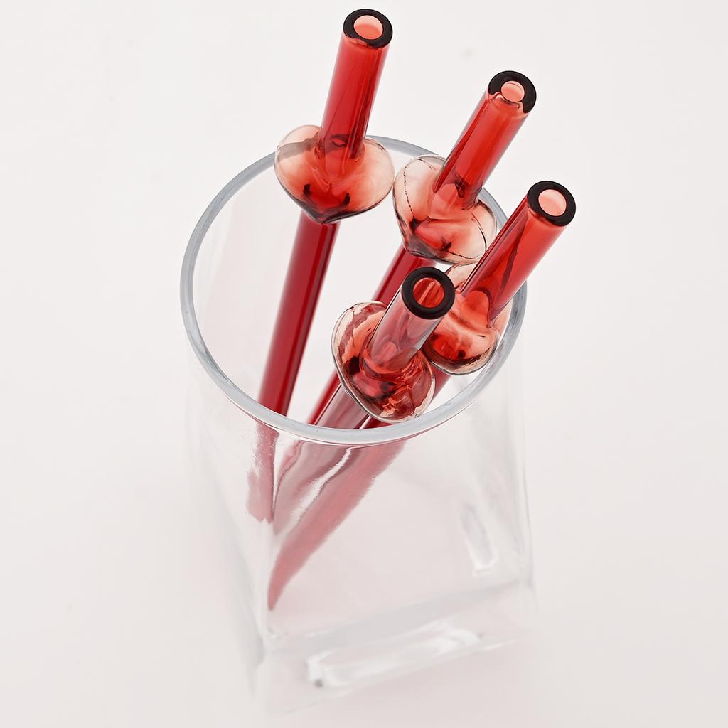 4pcs Red Creative Gldss Straw Milk Tea Juice Cocktail Straw with Brush High Borosilicate Glass Straw Set Kitchen Bar Accessories