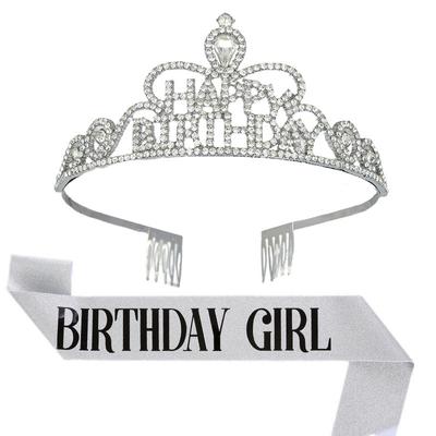 Birthday Crown Happy Birthday Party Alloy Headband Shoulder Strap Ceremonial Belt Crown Set