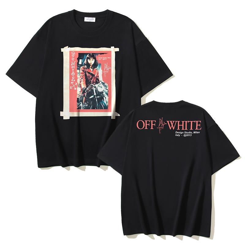 Off-White 2025 Summer New OW Motorcycle Girl Pattern Printed Short Sleeved T-shirt for Men and Women