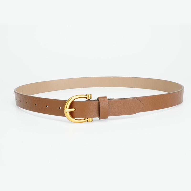 Belt Korean Version Punching Pin Buckle Gold Brown Genuine Leather Cowhide Slim Lady Belt Women's Belt