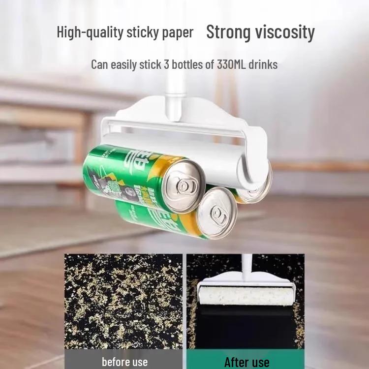 Long Handle Lint Roller with Large Sticky Brush for Bed, Floor, and Hair Cleanup - Tear-Off Paper Replacement Included.
