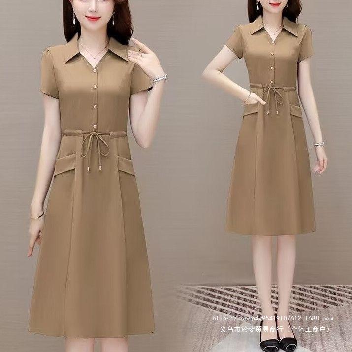 Medium mother dress short-sleeved dress medium old girl summer new waist cover thin temperament foreign skirt