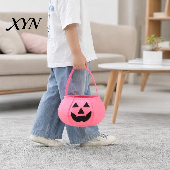 Portable Candy Storage Bag Halloween Pumpkin for Kids, Reusable Non-Woven Trick or Treat Bucket, Bags Face Snack Holder Basket with Handle Party
